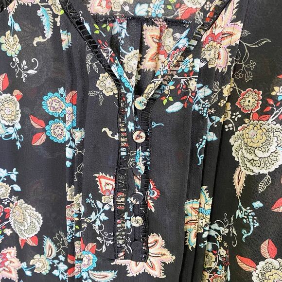 Zac & Rachel Top Women's Large Batwing Boho Black Floral V-Neck Semi Witchie - Picture 5 of 13